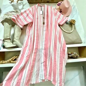 Duster kimono/cover up Pink and White Stripe w vacay vibe asymmetrical style